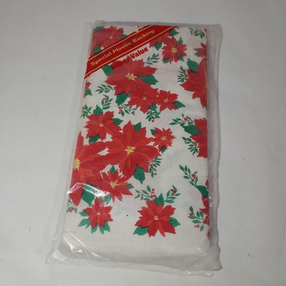 Table Cover Poinsette Paper  51" x 96" Plastic Back New Vintage Beach Brand - Picture 7 of 7